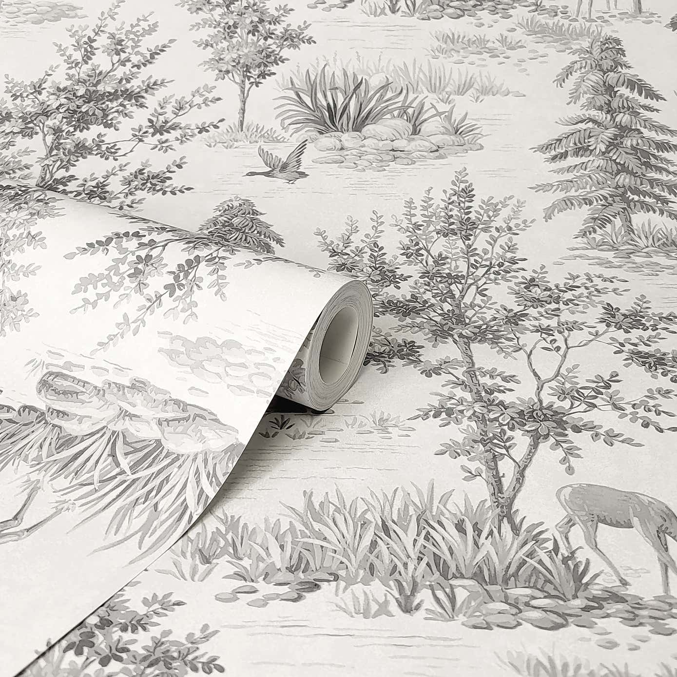 Grey Stag Toile Matte Flat Wallpaper