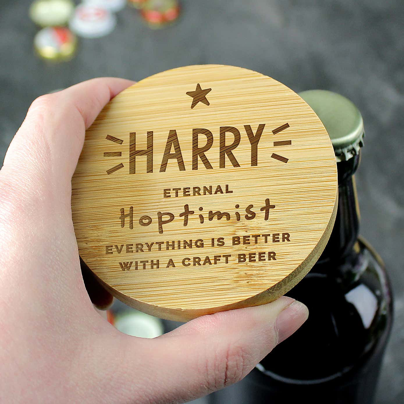 Personalised Star Bamboo Coaster with Hidden Bottle Opener