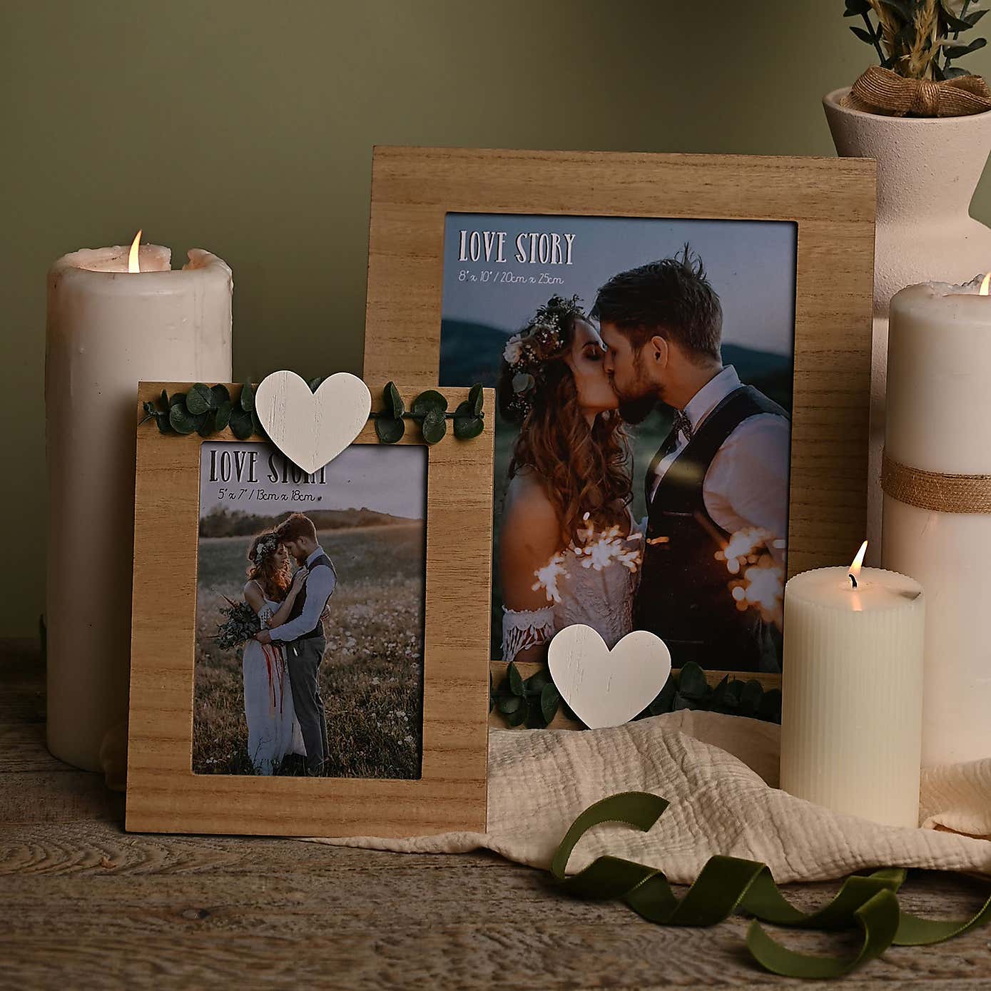 Love Story Rustic Photo Frame with Heart & Leaves