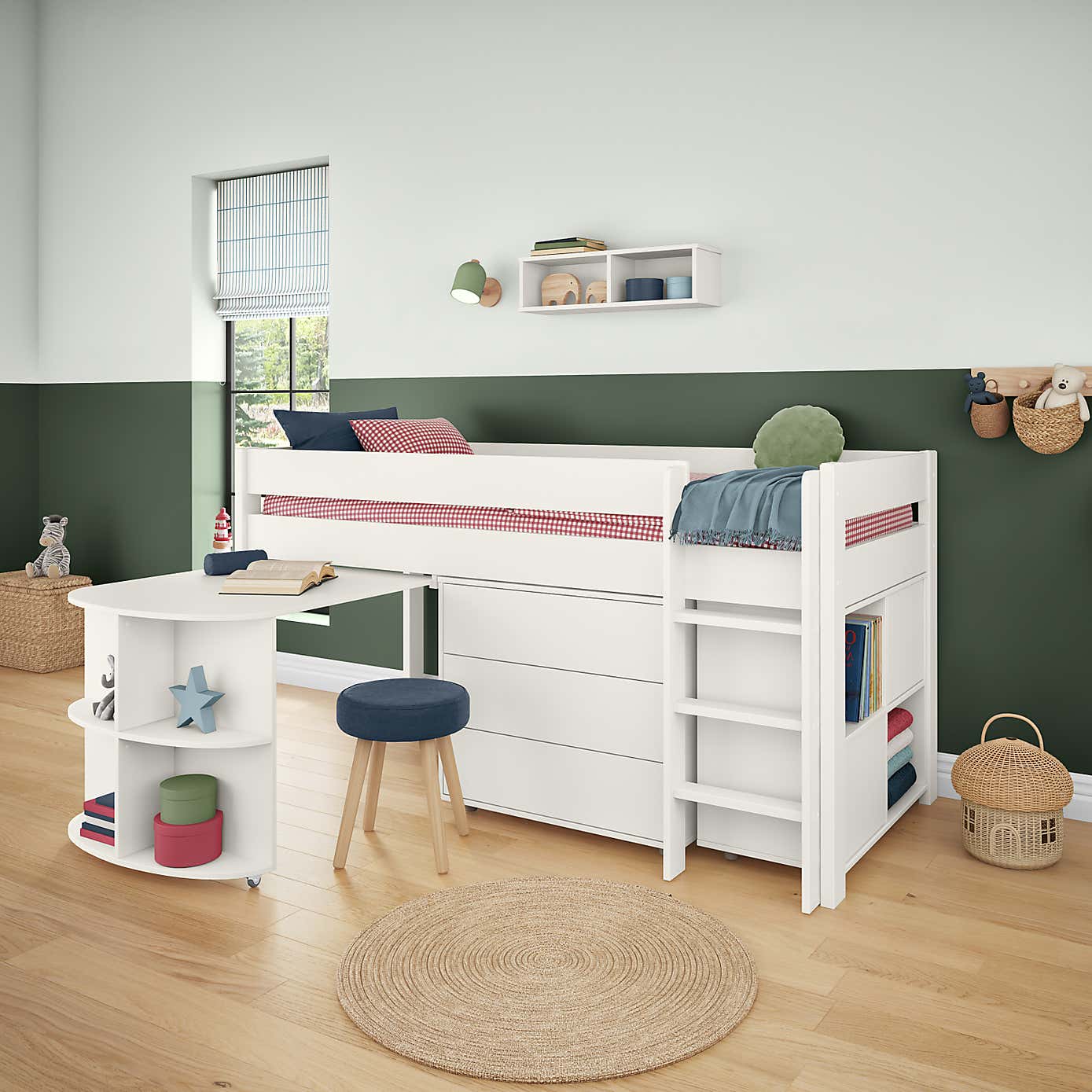 Stompa Uno Midsleeper With Pull Out Desk, Chest of Drawers and Cube Unit, Pine