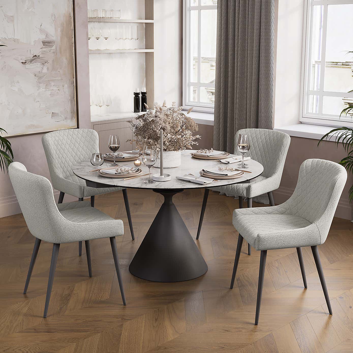 Indus Valley Camden 4-6 Seater Extendable Dining Table With 4 Pebble Taupe Chairs