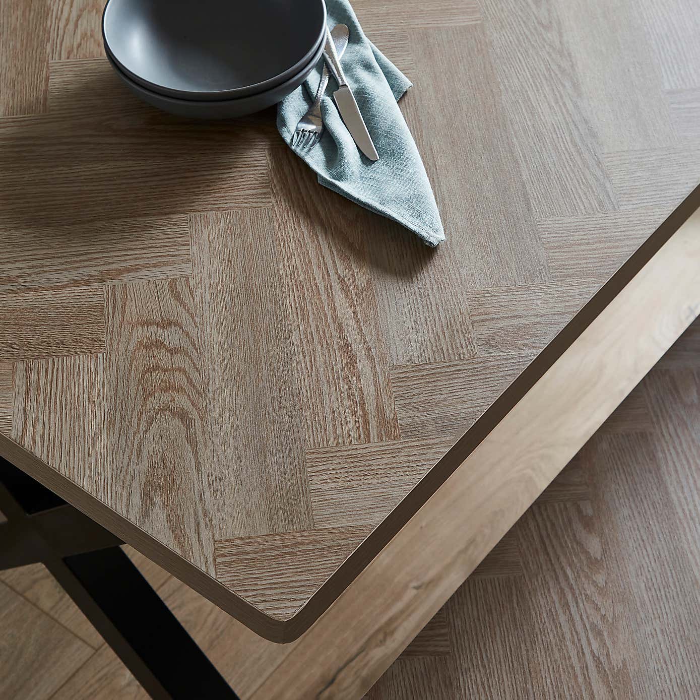 Ezra Faux Rustic Parquet Dining Bench Set