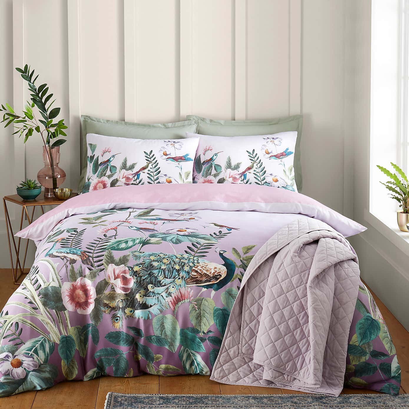 Peacock Gardenia Grey 100% Cotton Duvet Cover and Pillowcase Set