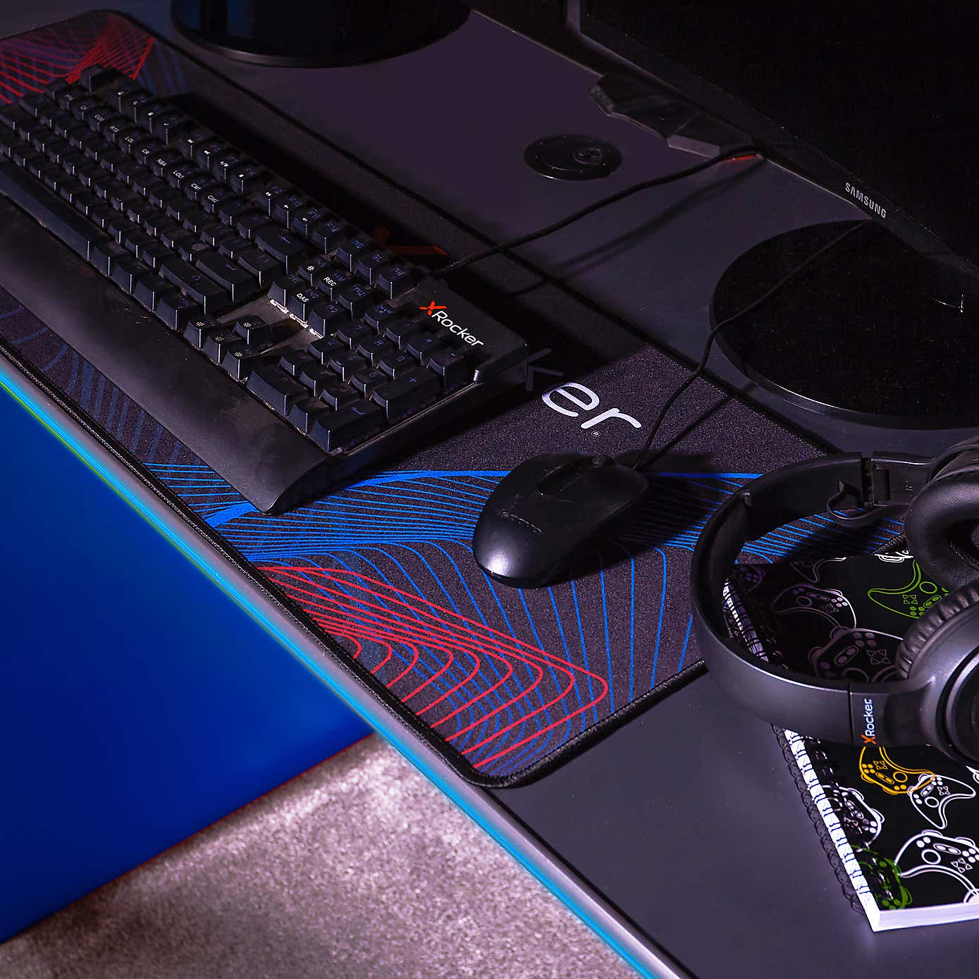 X Rocker White Carbon Tek Gaming Desk with Wireless Charging and Neo Fibre LED