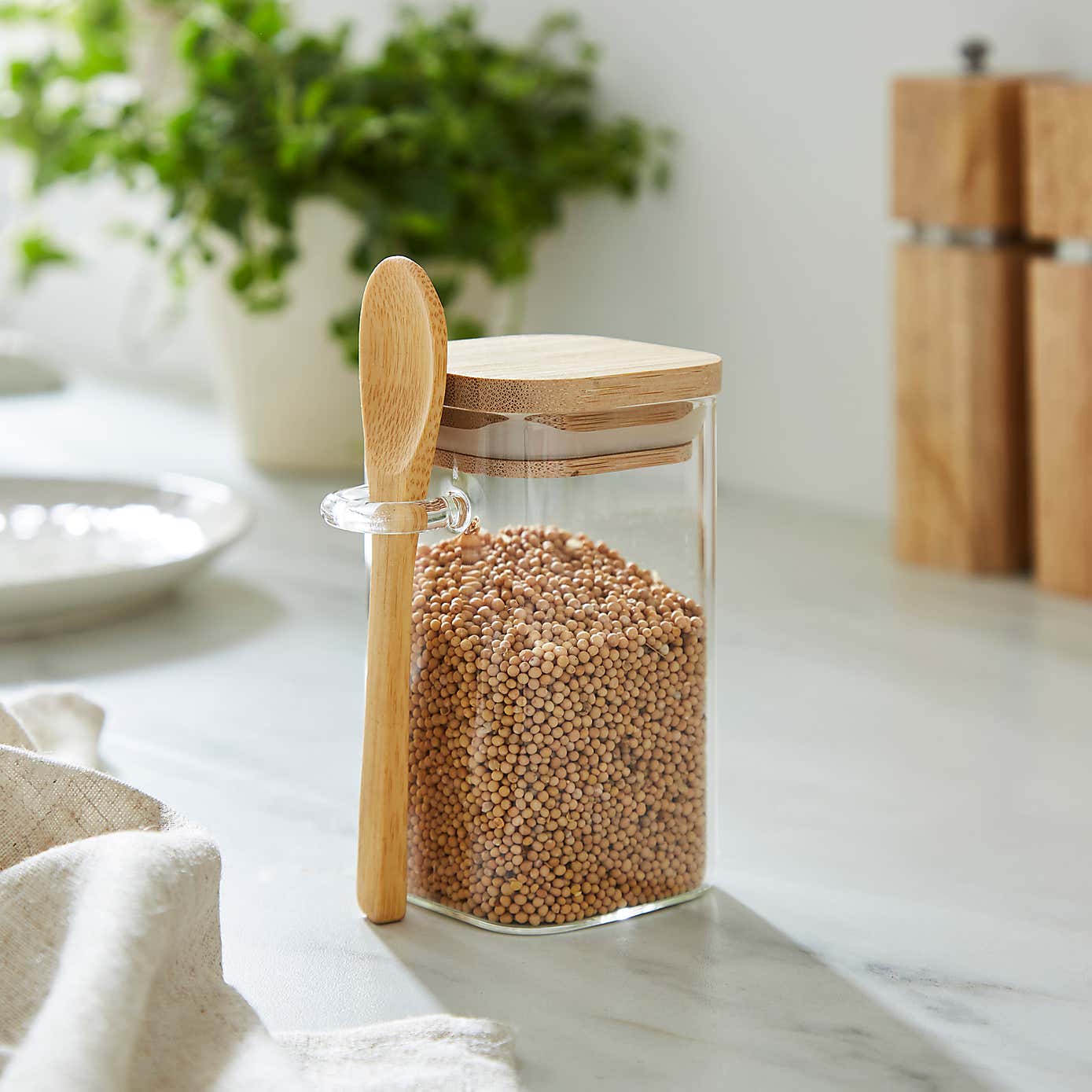 Square Glass 250ml Storage Jar with Spoon