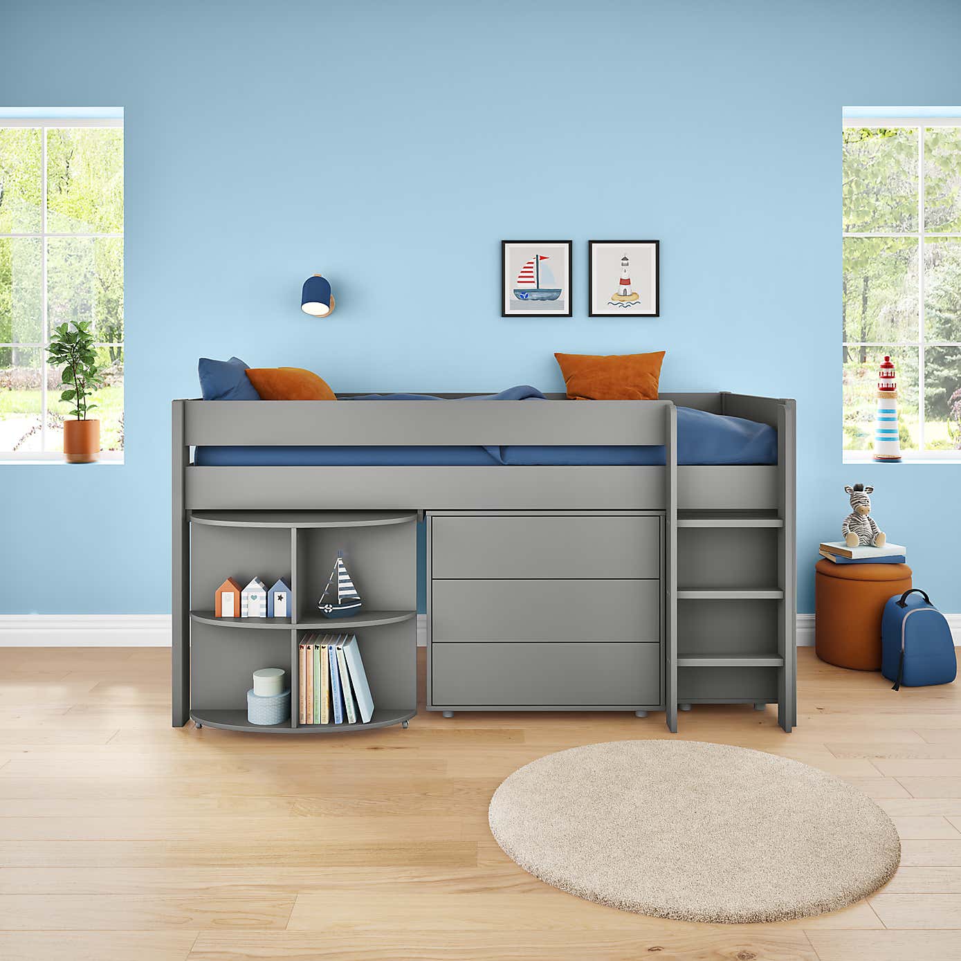 Stompa Uno Midsleeper With Pull Out Desk, Chest of Drawers and Cube Unit, Pine