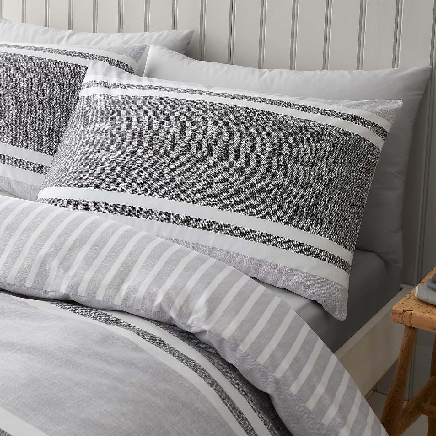 Catherine Lansfield Textured Banded Stripe Reversible Duvet Cover & Pillowcase Set