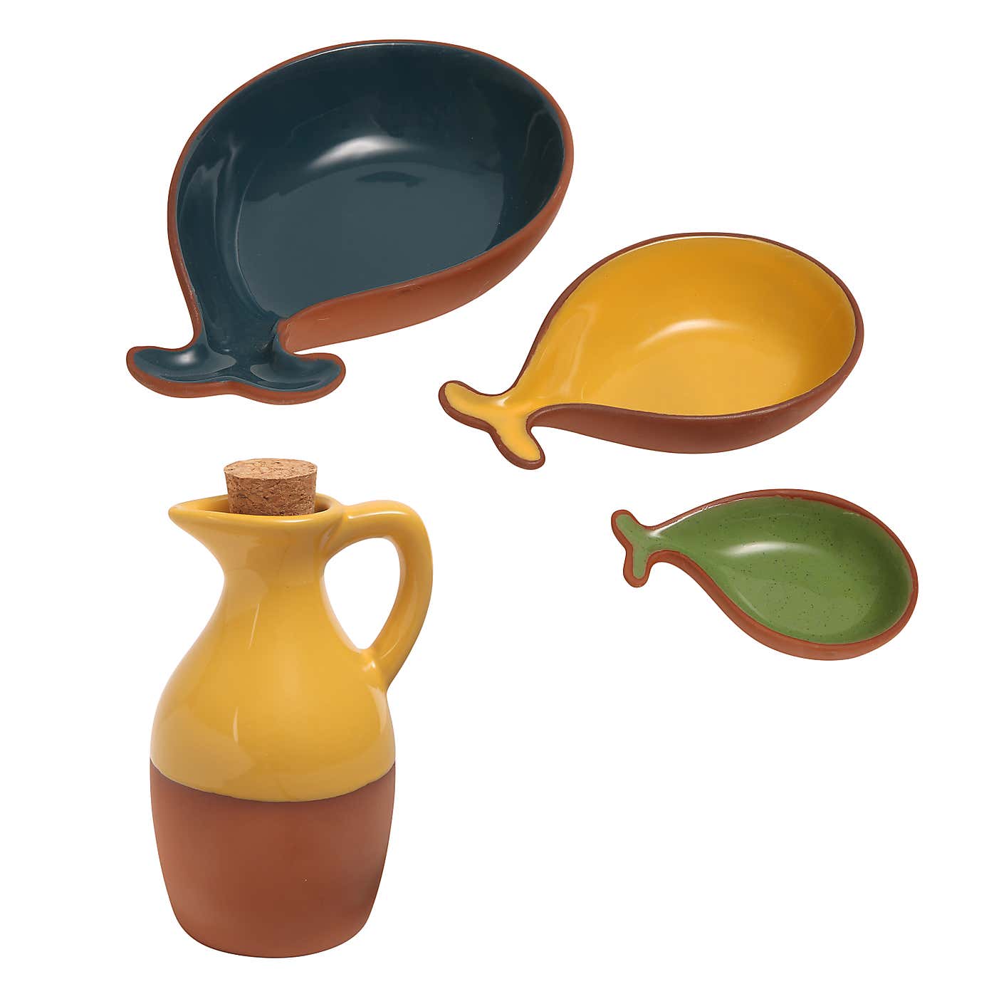 Dexam Sintra Set of 3 Glazed Terracotta Fish Tapas Dishes & Oil Drizzler