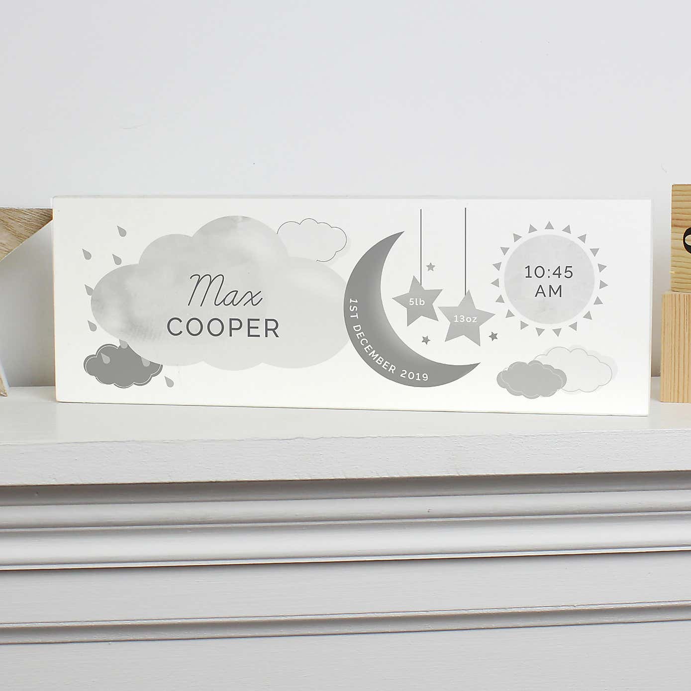 Personalised New Baby Moon and Stars Wooden Block Nursery Sign