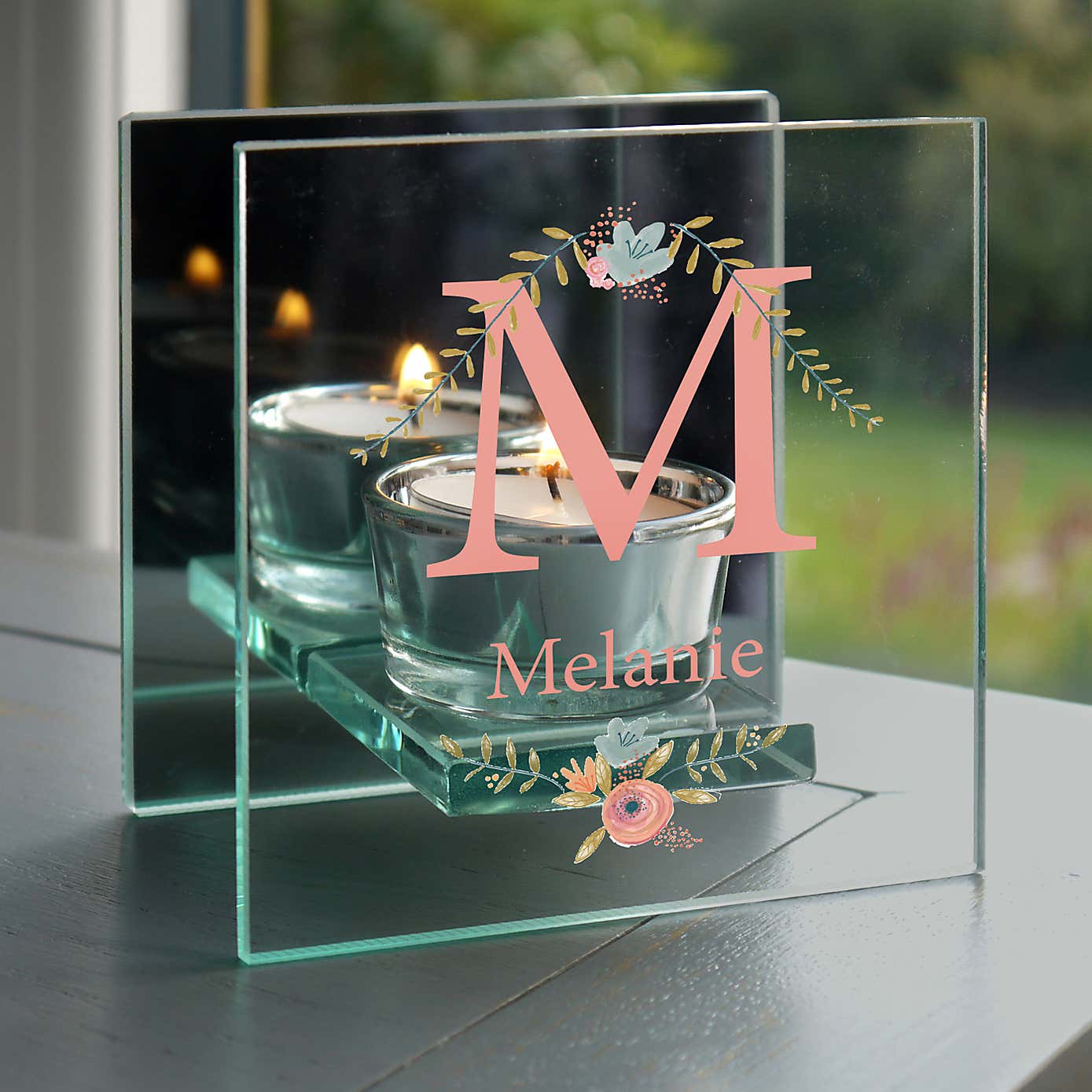 Personalised Floral Bouquet Mirrored Glass Tea Light Holder