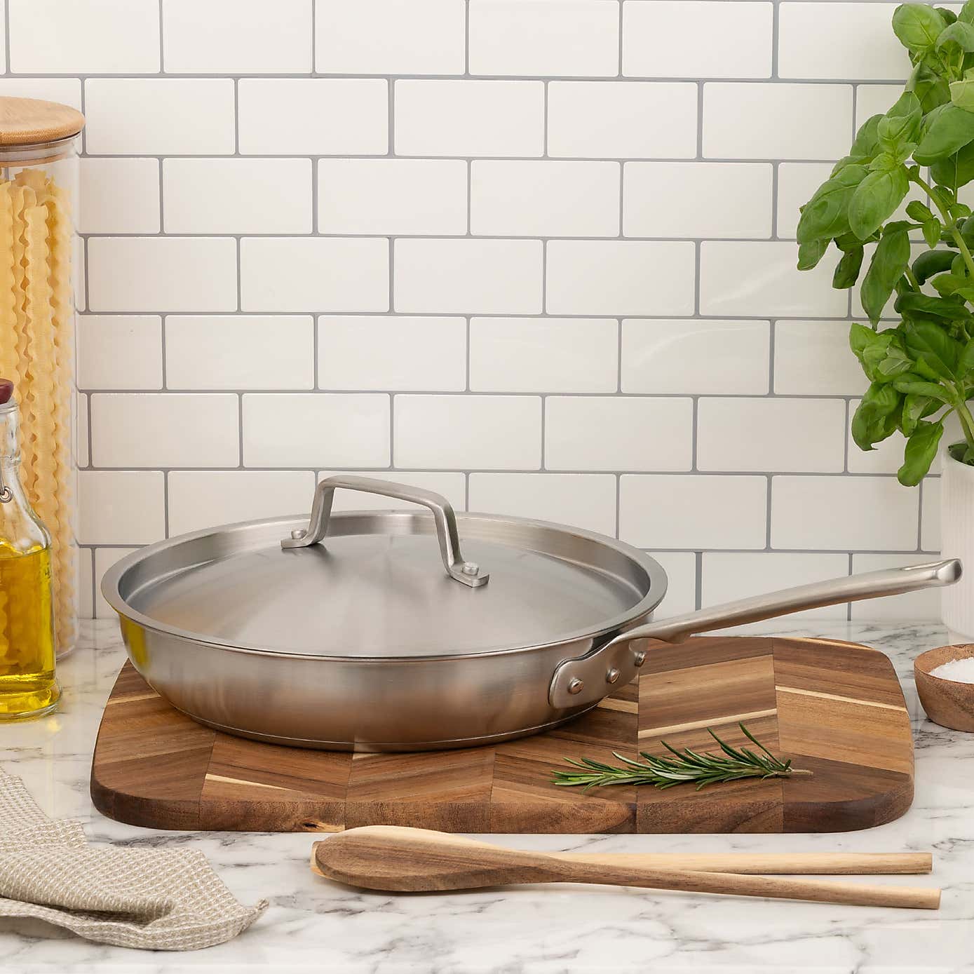 Gourmet Stainless Steel Non-Stick Frying Pan with Lid, 28cm