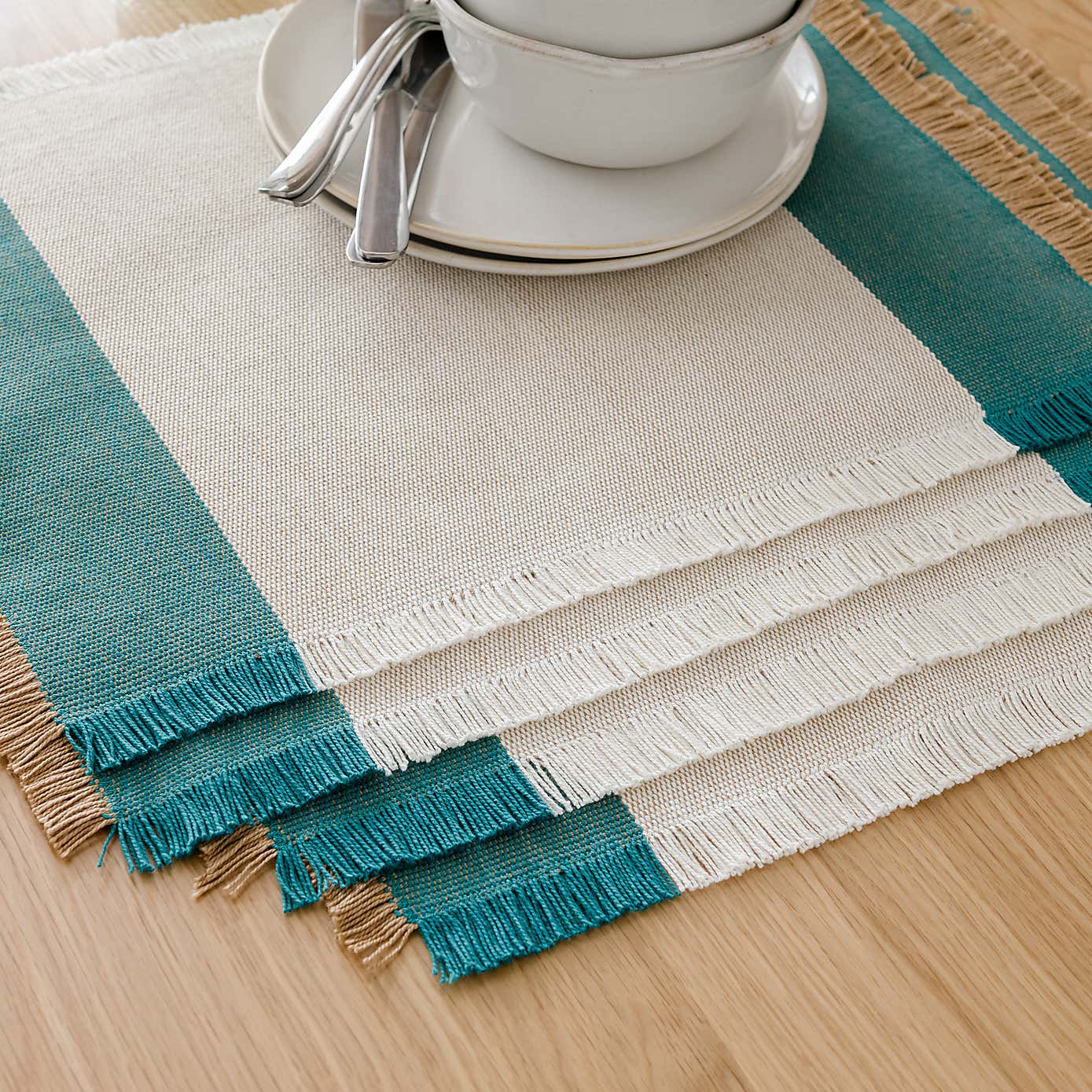 Set of 2 Rib Stripe Green Border Cotton Placemats