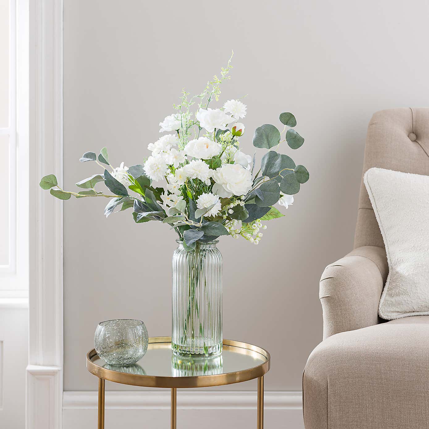 Artificial White Rose & Eucalyptus Bouquet in Ribbed Glass Vase