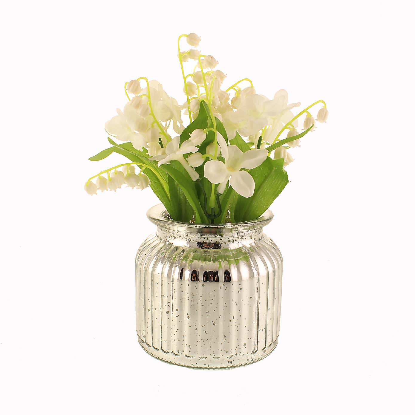 Artificial Lily of the Valley Bouquet in Silver Metallic Vase