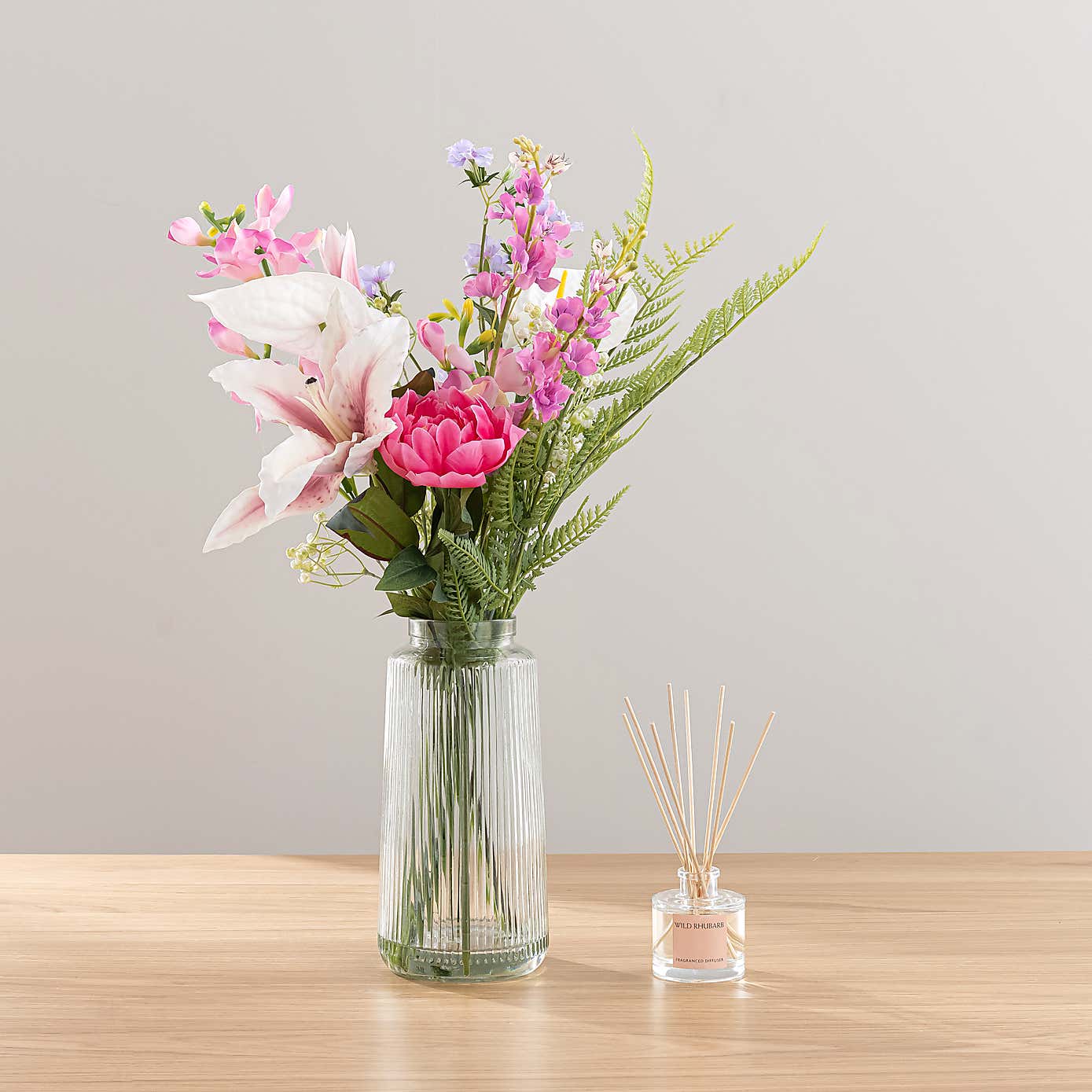 Tiger Lily Floral Arrangement in Glass Vase with Wild Rhubarb Diffuser