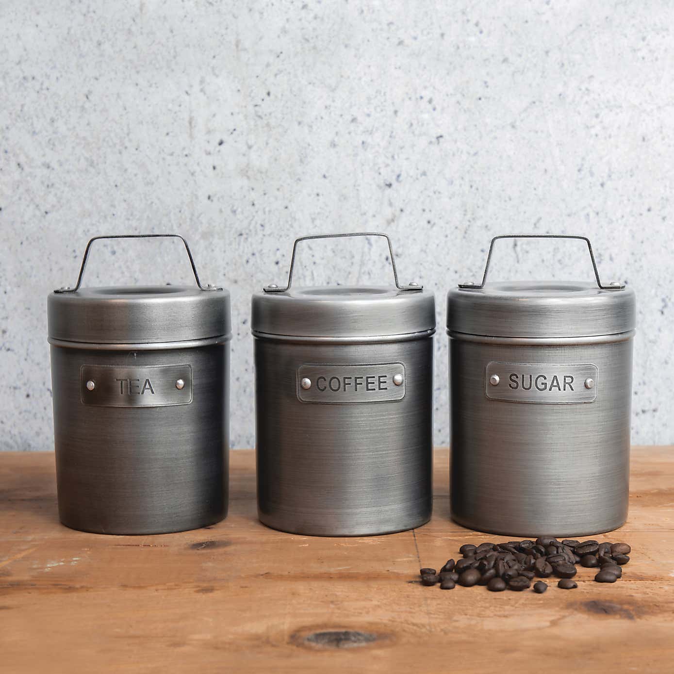 Set of 3 Grey Metal Coffee, Sugar and Tea Canister Set