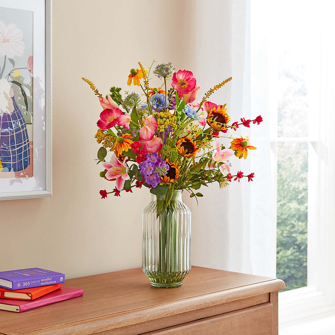 Artificial Bright Floral Bouquet in Ribbed Glass Vase
