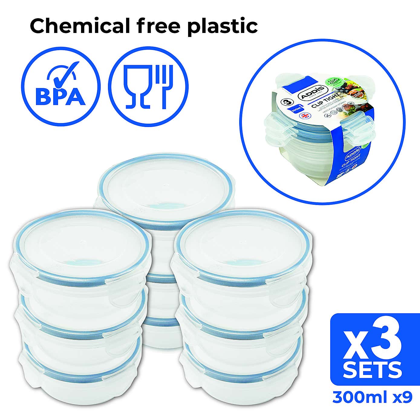 ADDIS 3 Sets of 3 Round 300ml Clip Tight Storage Containers
