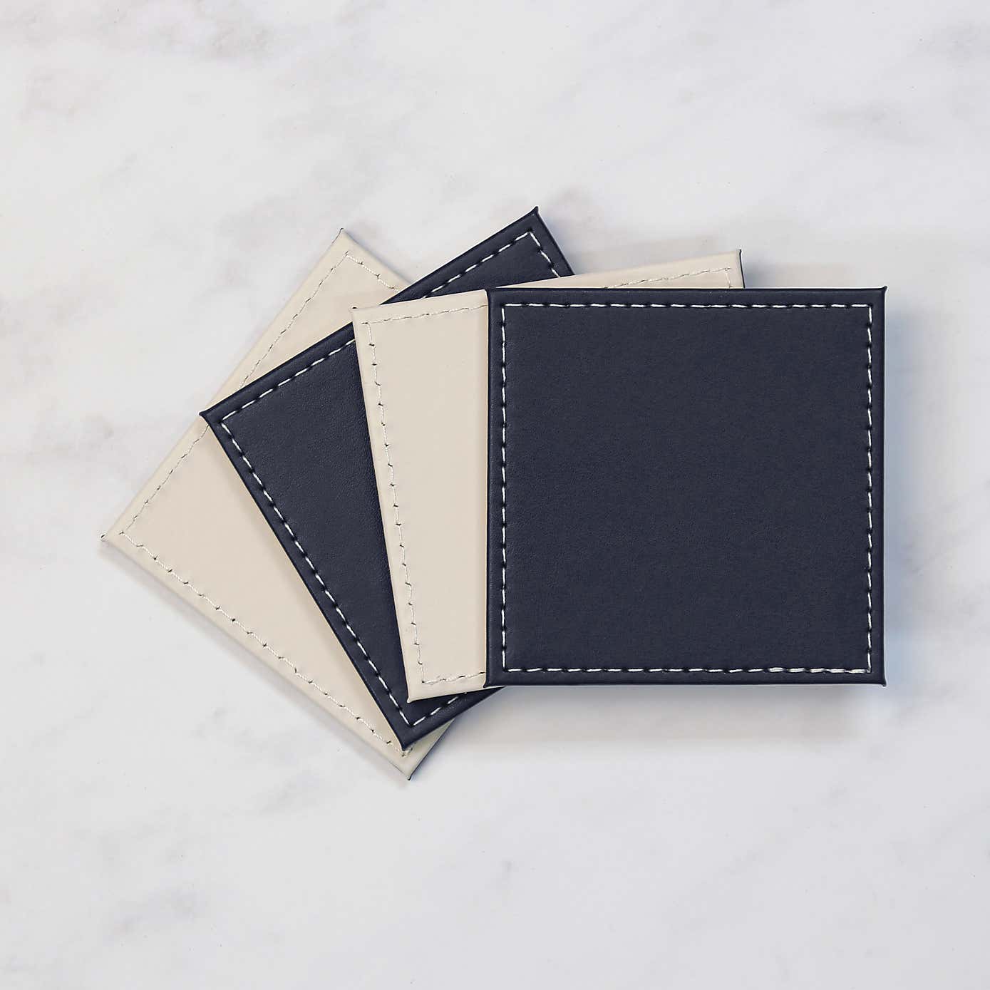 Set of 4 Reversible Navy & Cream Faux Leather Coasters
