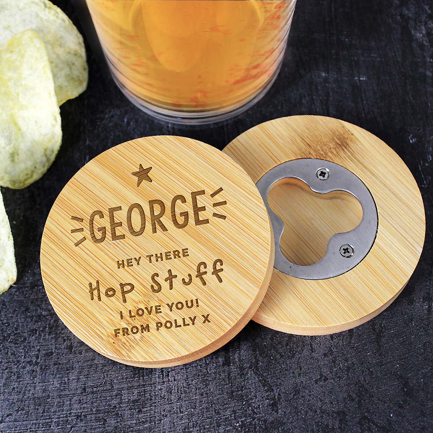 Personalised Star Bamboo Coaster with Hidden Bottle Opener