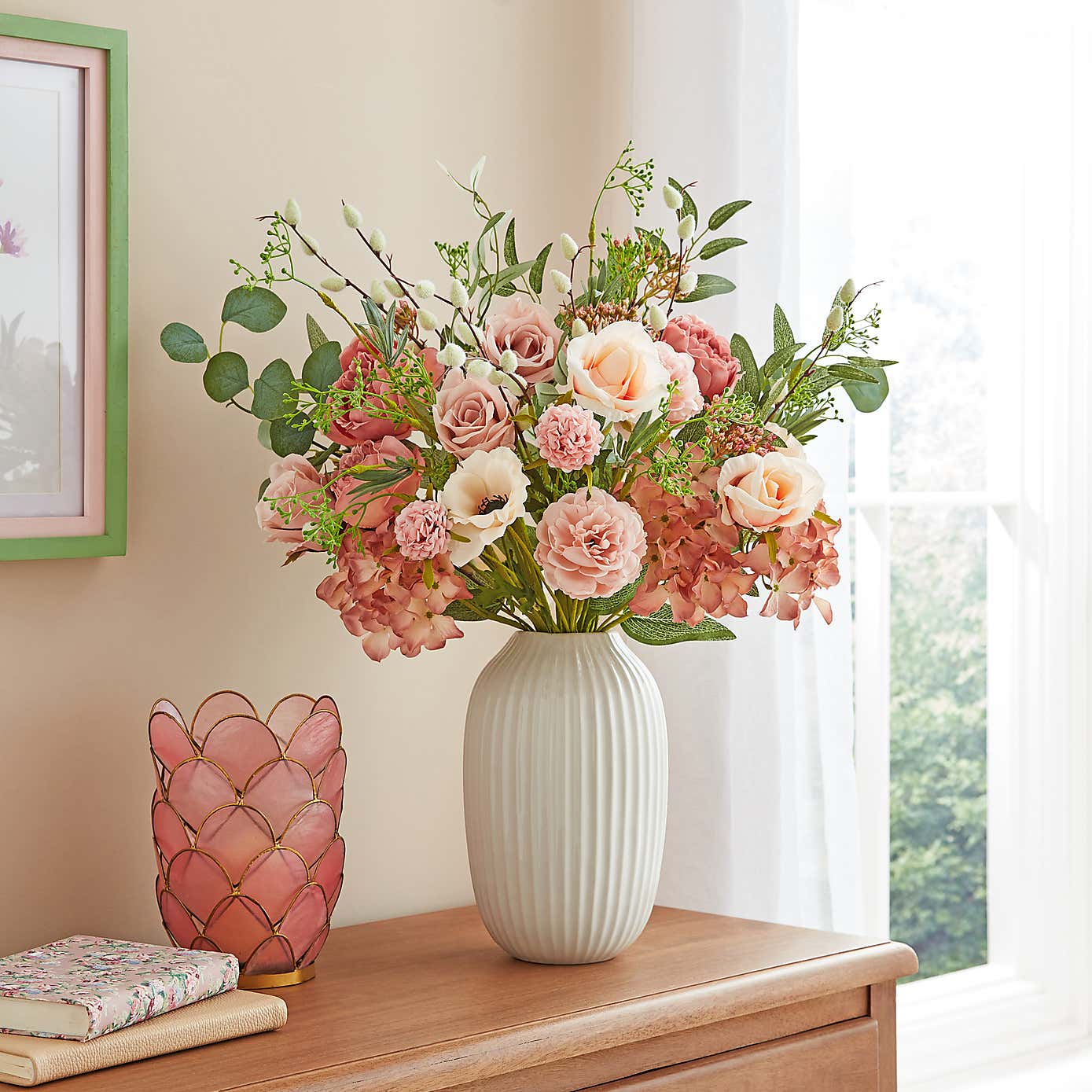 Artificial Pink Florals & Foliage Bouquet in Ribbed Ceramic Vase
