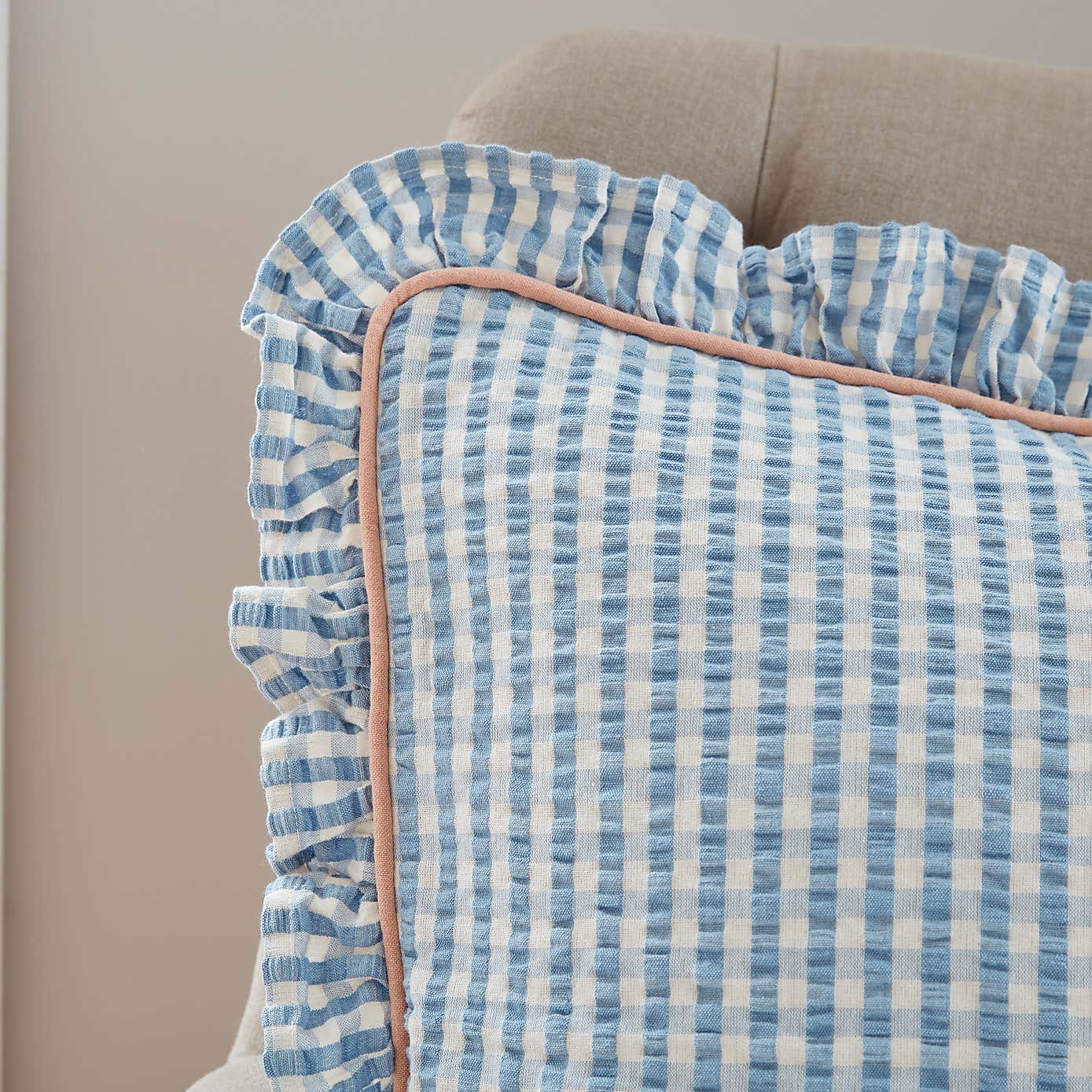 Seersucker Gingham Frill Cotton Square Cushion