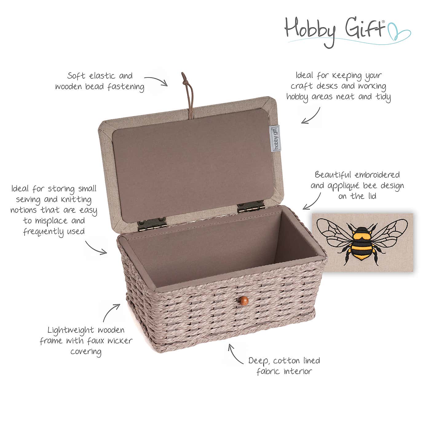 Hobby Gift Bee Small Linen Wicker Sewing Box
