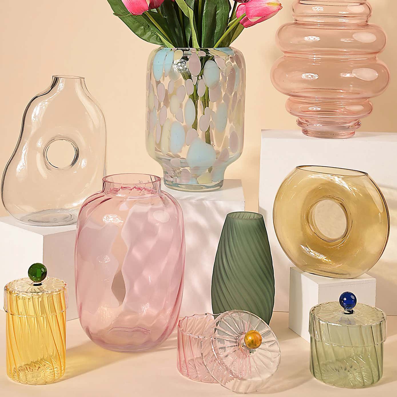 Hestia Ribbed Handmade Glass Green Vase