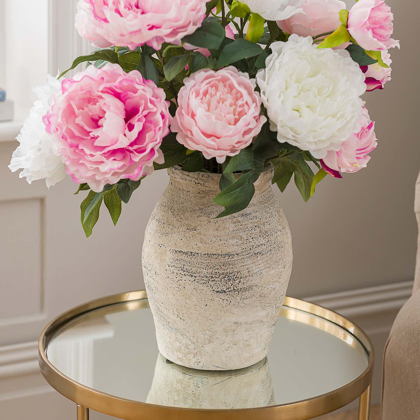 Artificial Pink & White Peony Bouquet in Washed Grey Resin Vase
