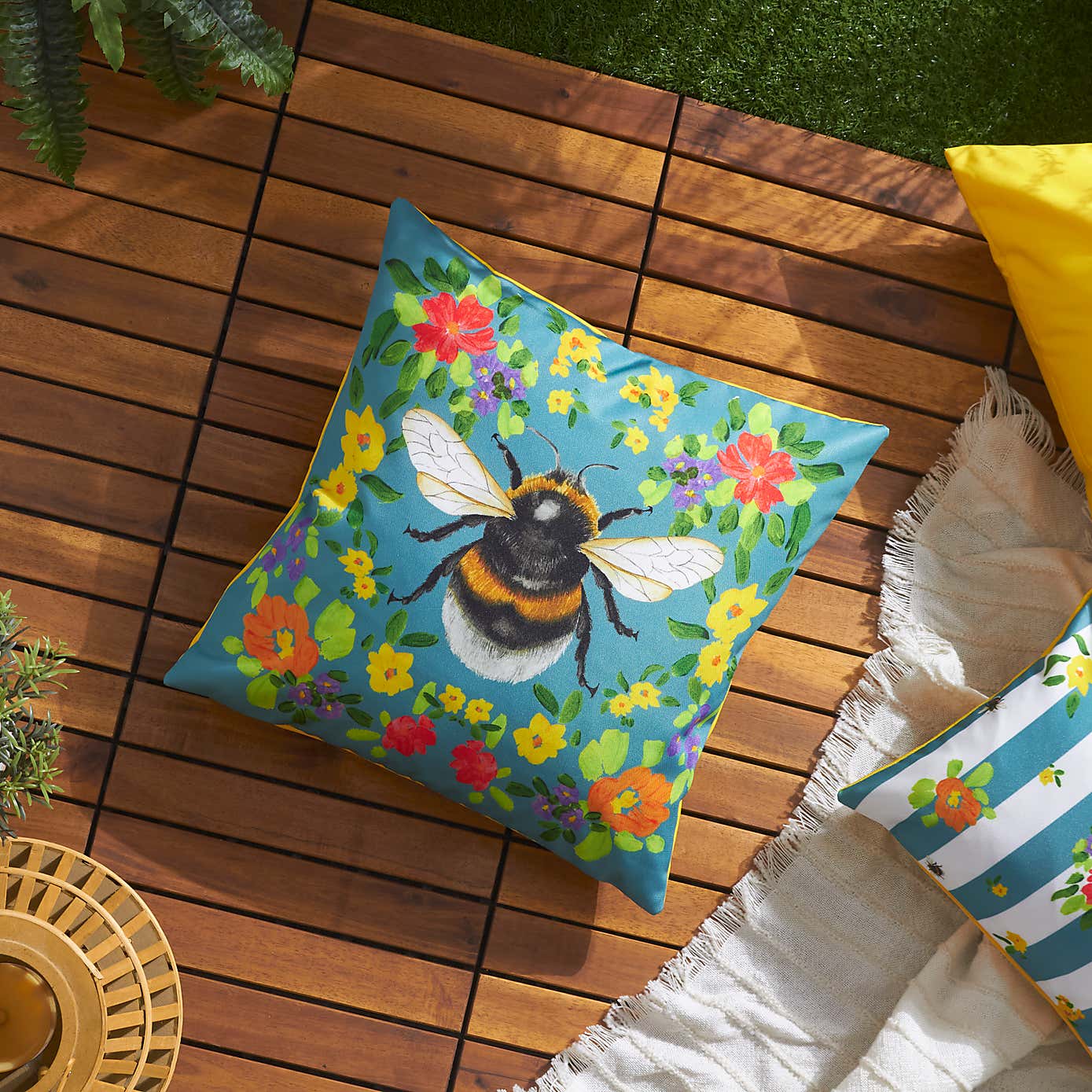 Bee Teal Outdoor Square Cushion