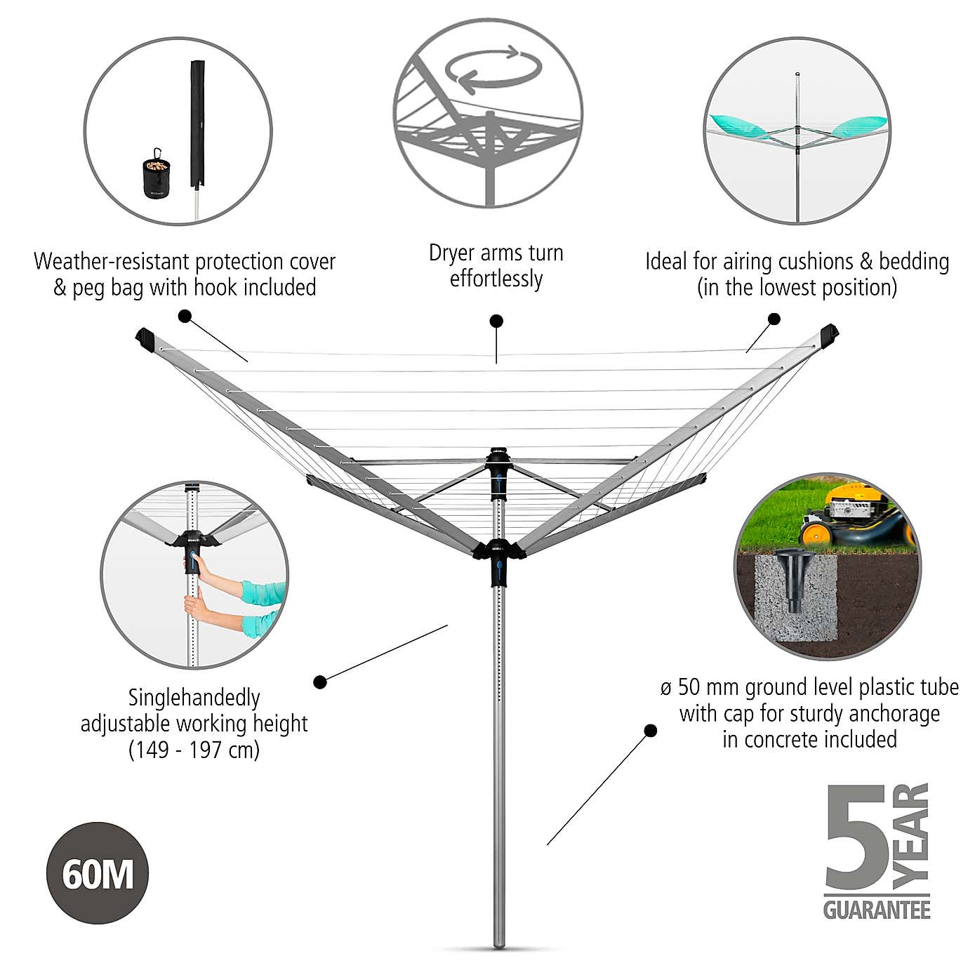 Brabantia 60 Metre 4 Arm Liftomatic Rotary Washing Line