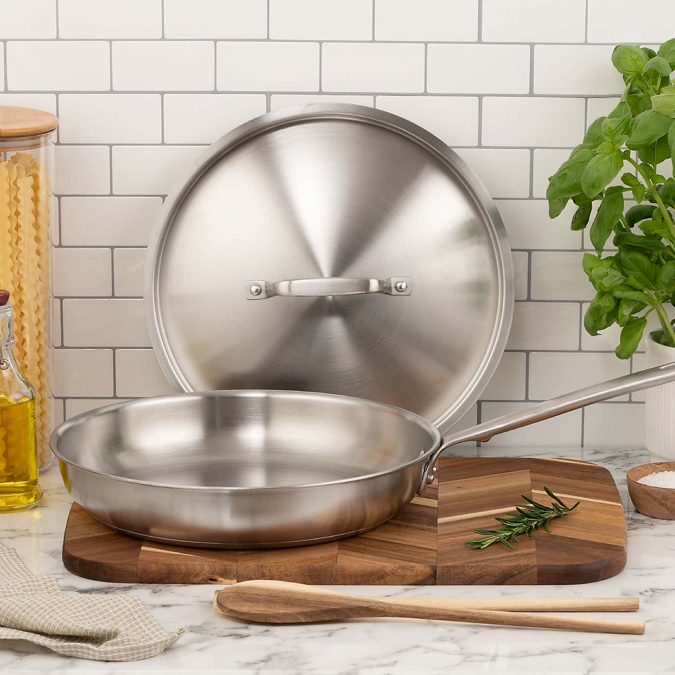 Gourmet Stainless Steel Non-Stick Frying Pan with Lid, 28cm