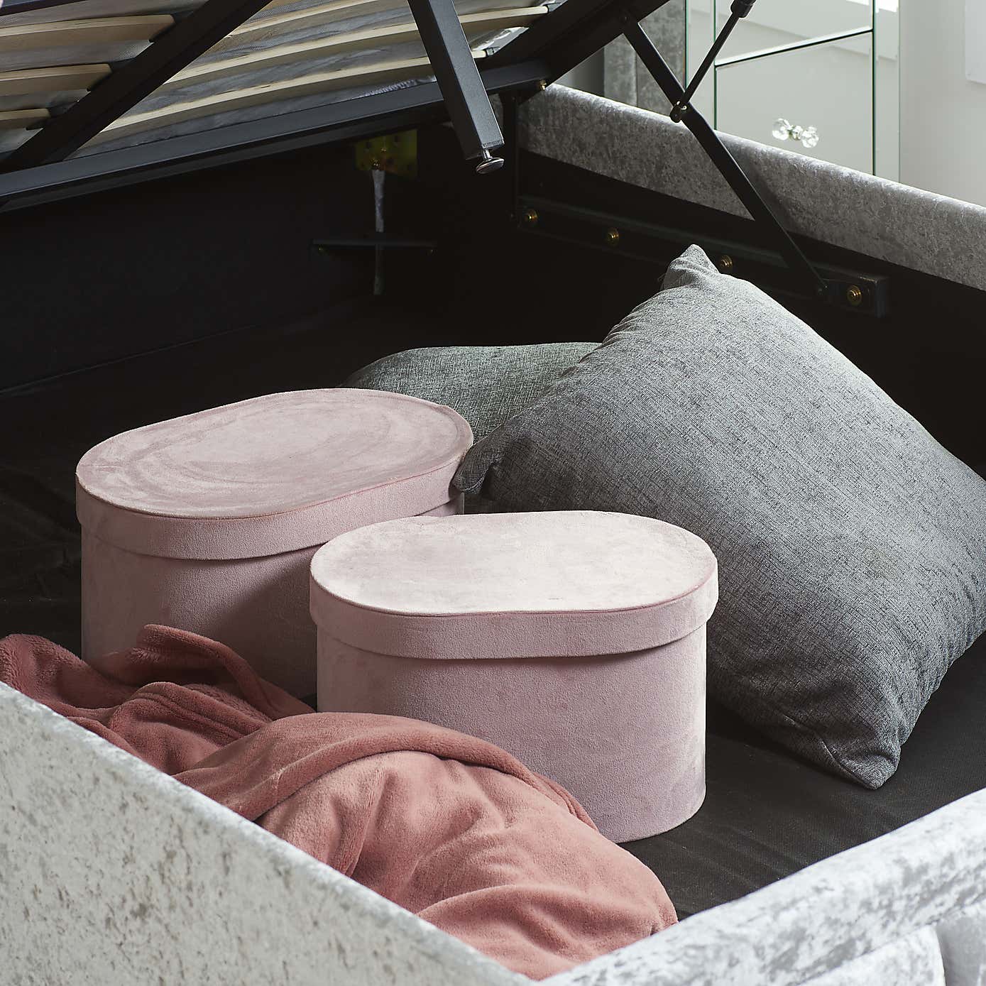 Hannover Steel Crushed Velvet Ottoman Bed