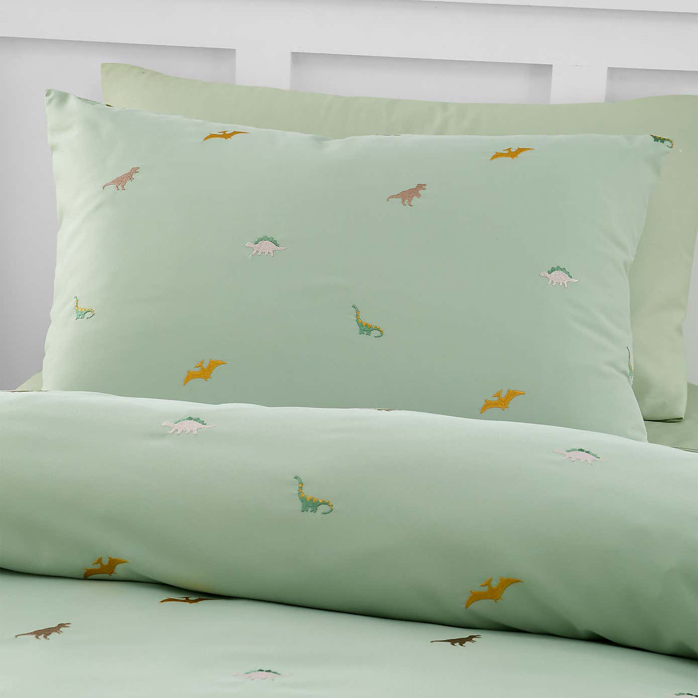 Catherine Lansfield Embroidered Dino Green Microfibre Duvet Cover and Pillowcase Set