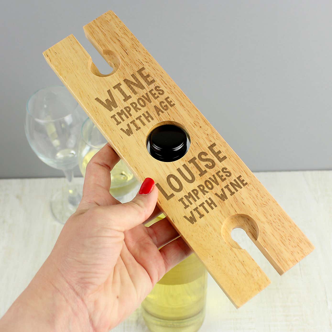 Personalised Improves With Wine Wooden Wine Glass and Bottle Holder