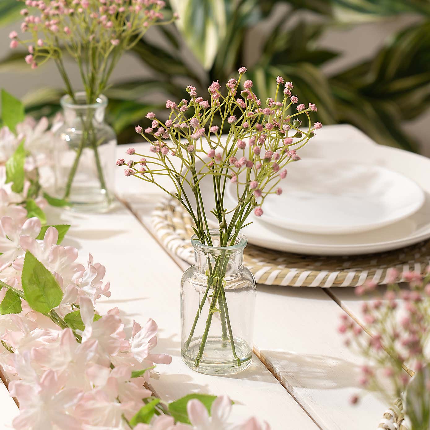 Set of 3 Artificial Gypsophila Bundles in Glass Bottle Vases