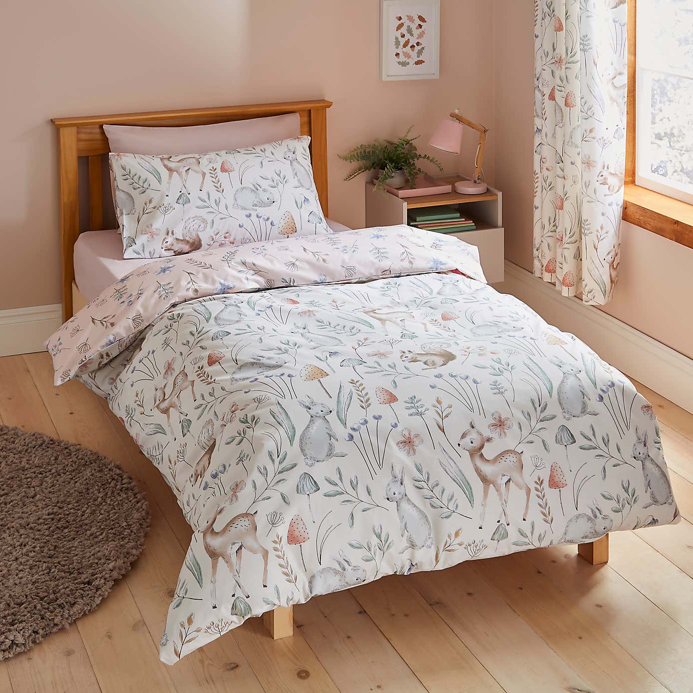 Woodland Reversible Pink Duvet and Pillowcase Set