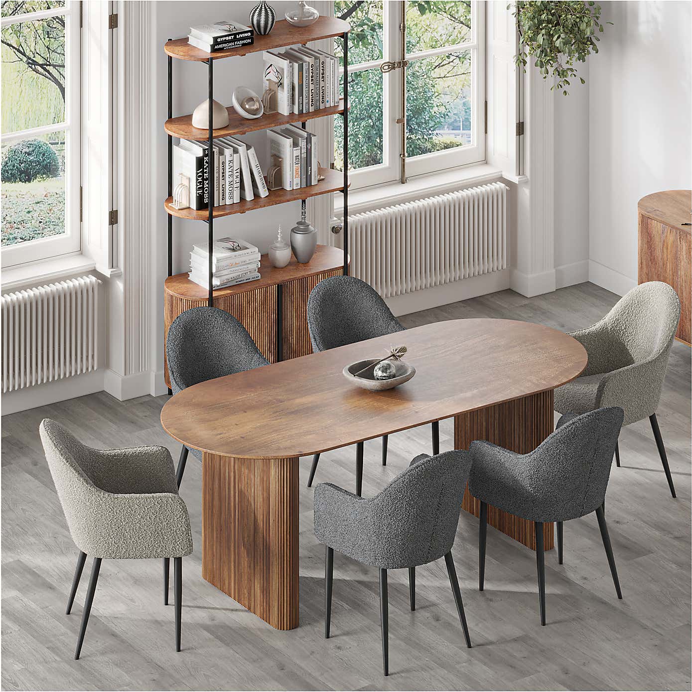 Indus Valley Zen Dining Table With 6 Boucle Stone Chairs