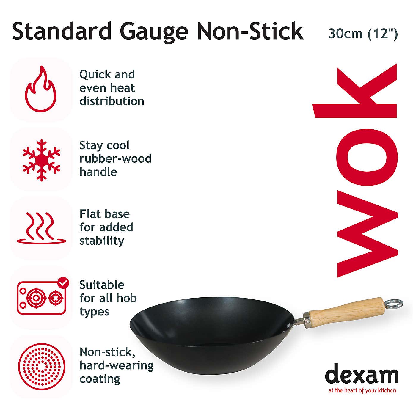 Dexam Non-Stick Standard Gauge Carbon Steel Wok, 30cm