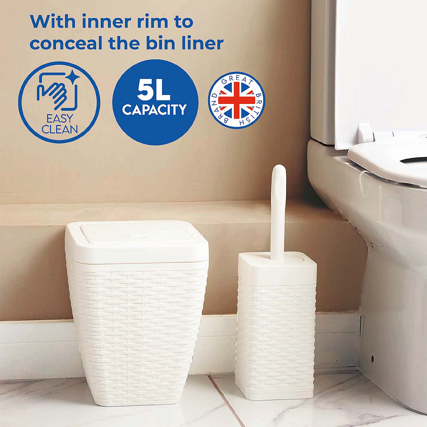 Addis Rattan White Toilet Brush & Bin Set