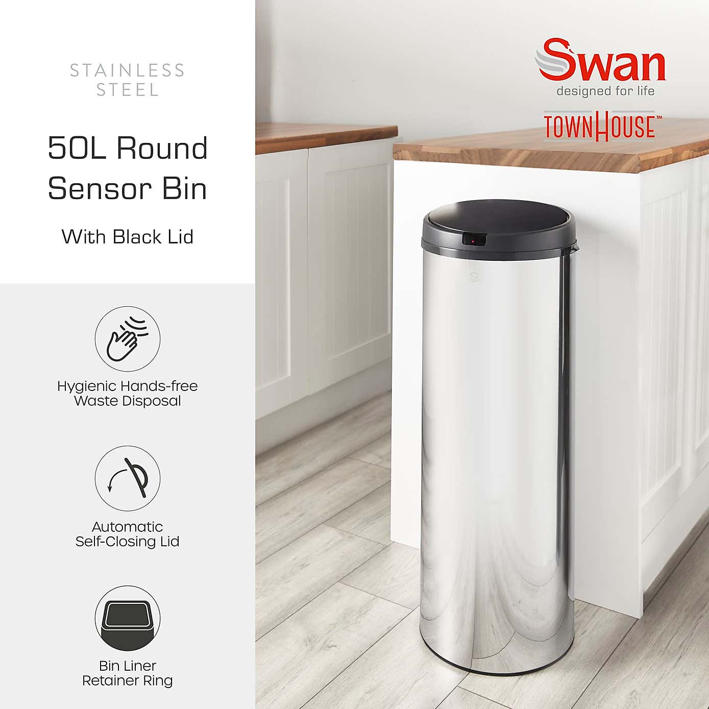 Swan 50L Round Sensor Bin