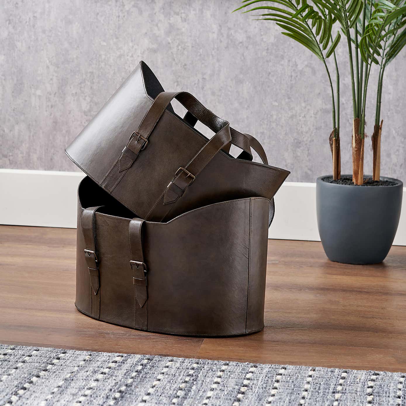 Set of 2 Alessio Leather Storage Baskets