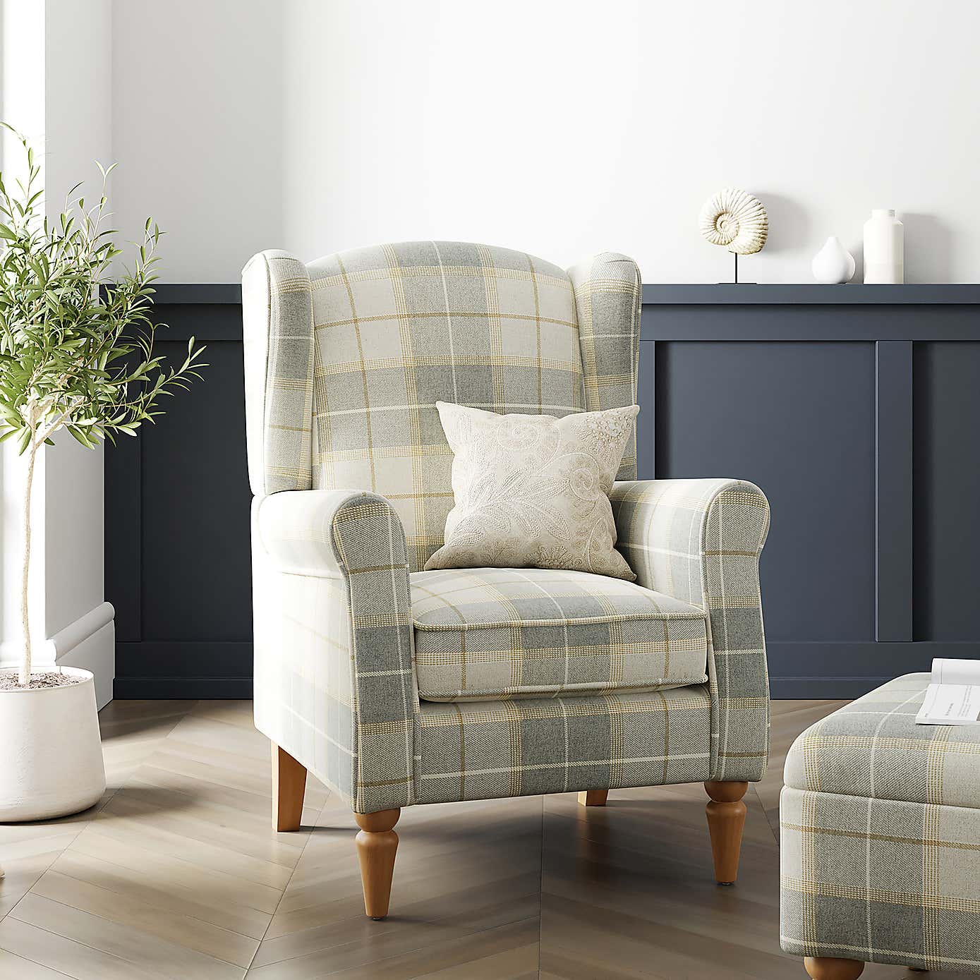 Oswald Check Armchair, Natural Grey