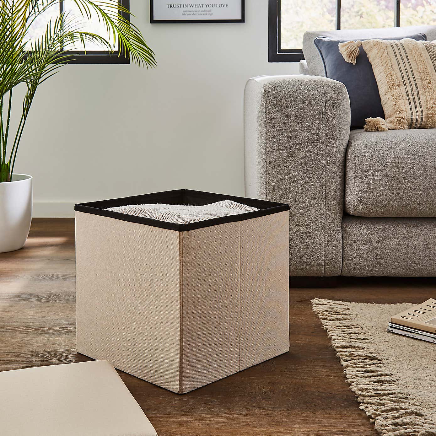 Faux Linen Cube Ottoman