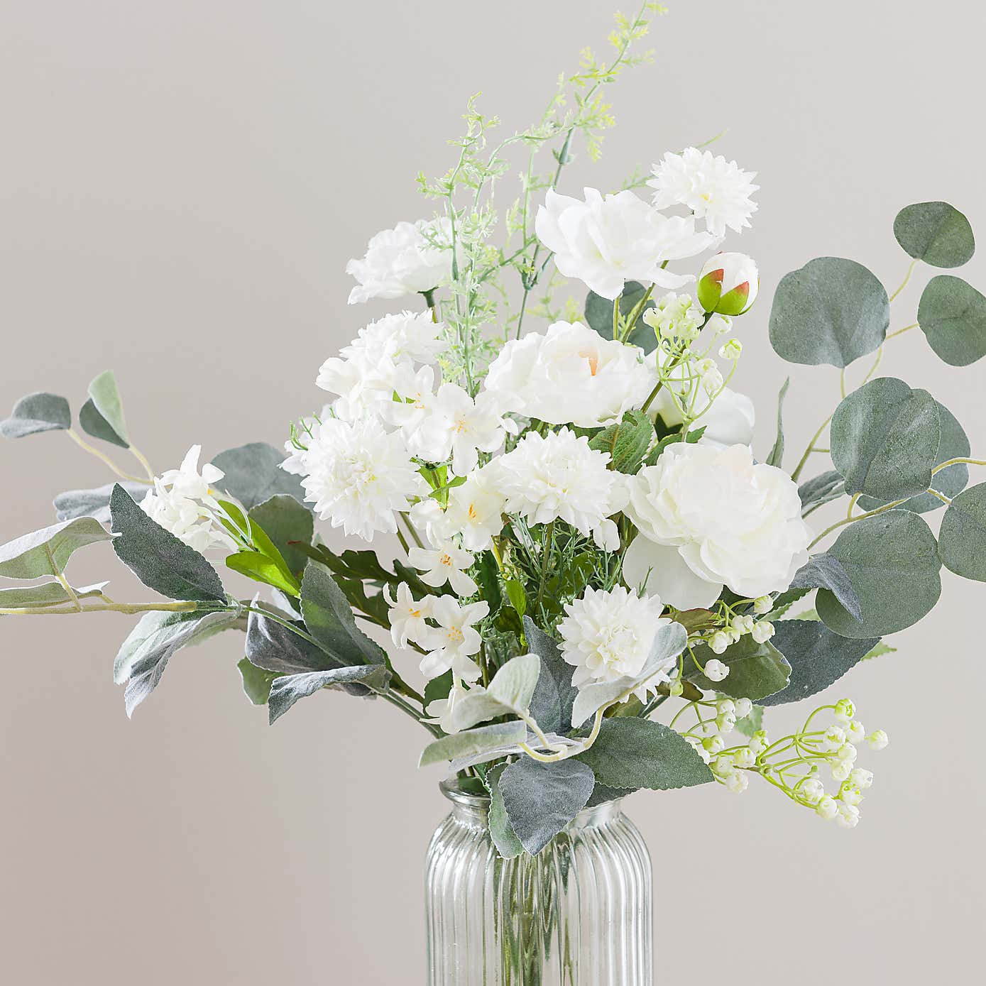 Artificial White Rose & Eucalyptus Bouquet in Ribbed Glass Vase