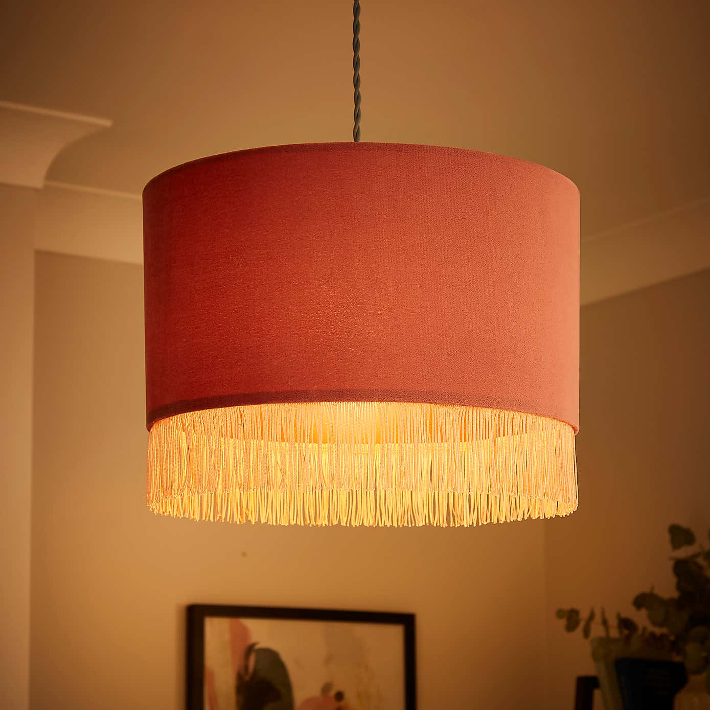 Fringed Velvet Drum Lamp Shade