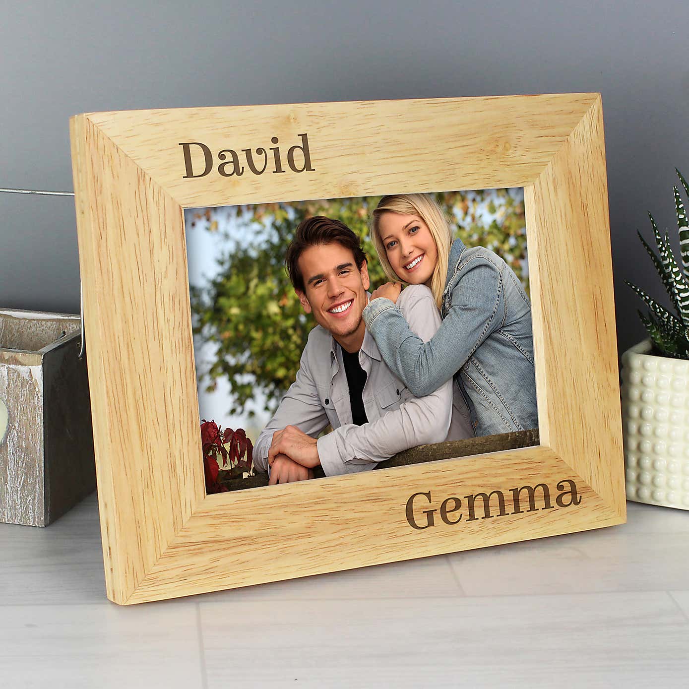 Personalised Couples Light Wood Landscape Photo Frame