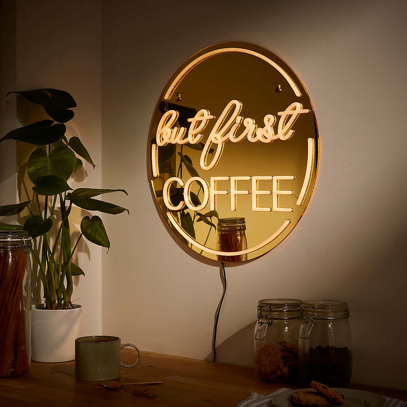 'But First Coffee' Indoor Outdoor Mirrored Neon Sign