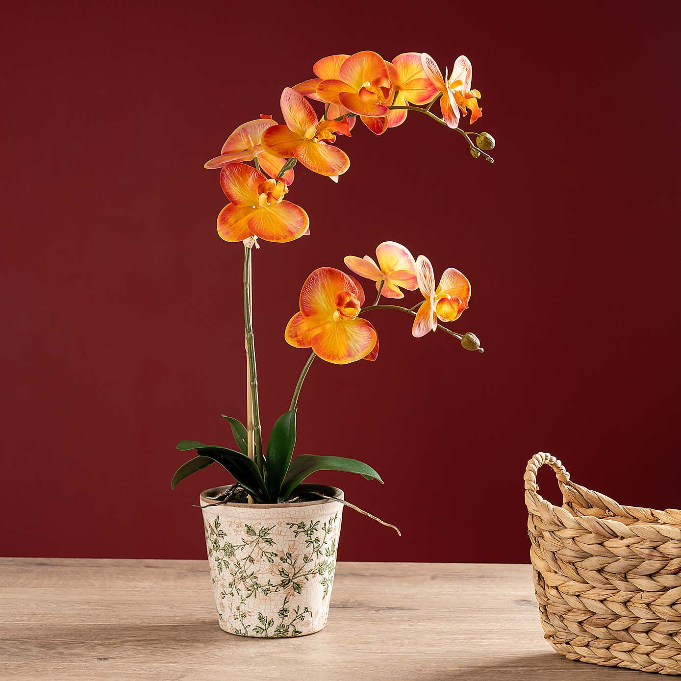 Artificial Real Touch Orange Phalaenopsis Orchid in Ceramic Pot
