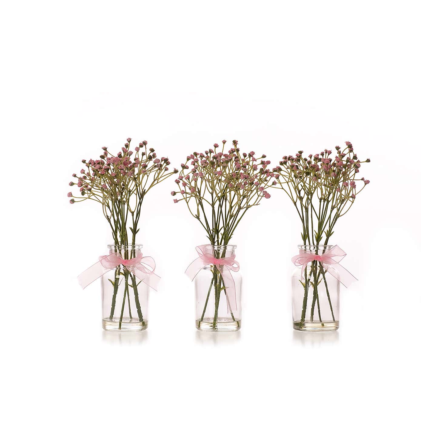 Set of 3 Artificial Gypsophila Bundles in Glass Bottle Vases